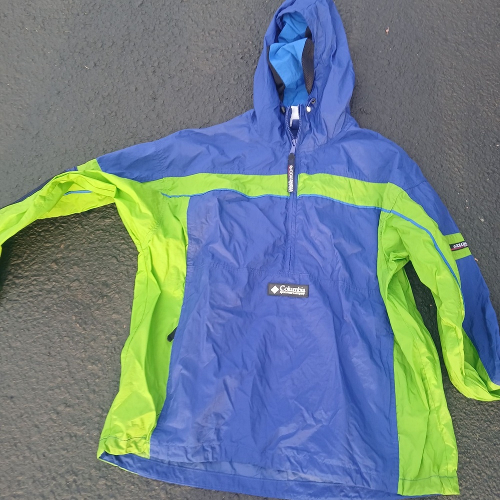 Vintage Columbia Jacket Mens Large Blue Green Hooded 1/2 Zip Windbreaker Hiking